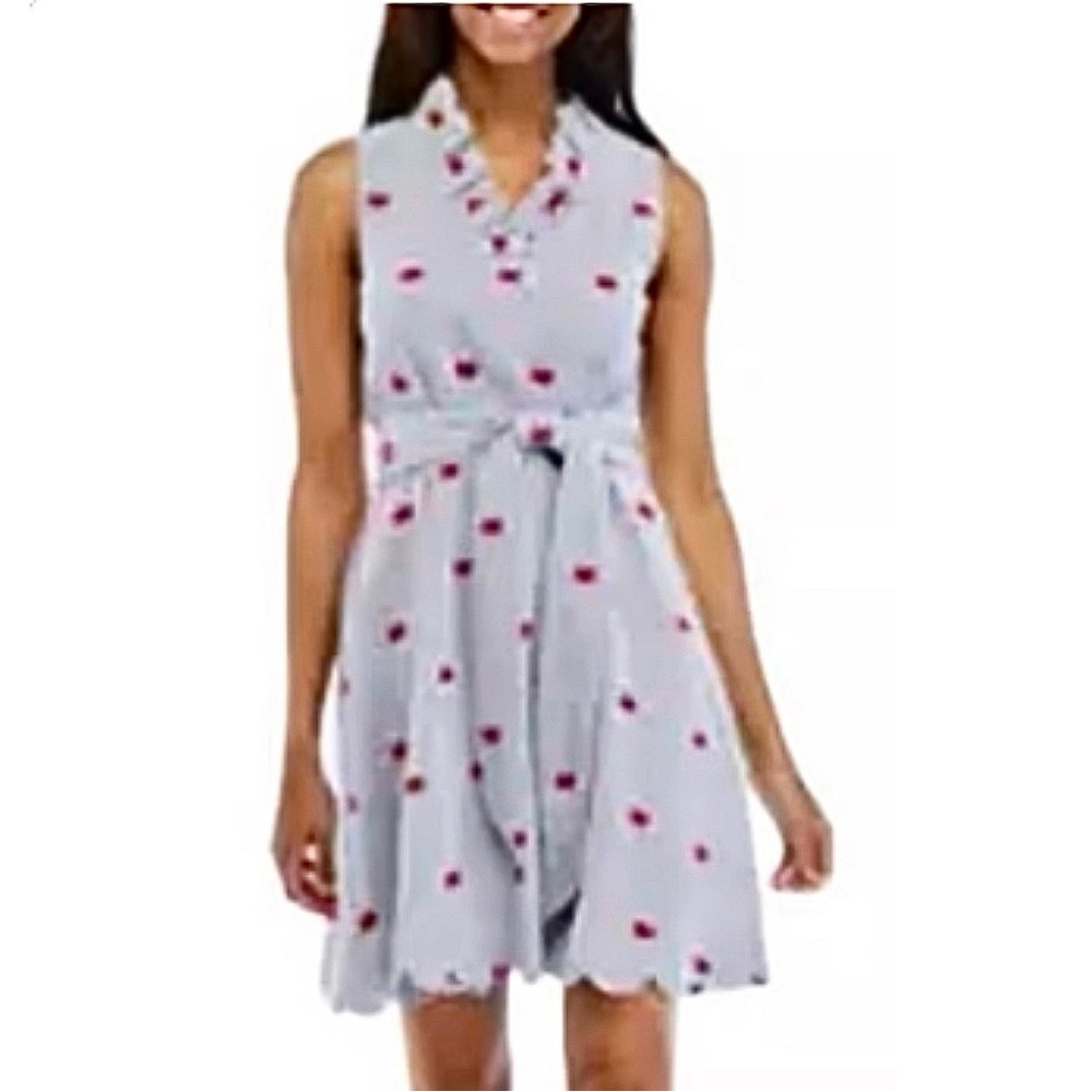 Crown & Ivy Woman’s Blue 100% Cotton Seersucker Scalloped Midi Sundress Sz Small - Picture 9 of 9